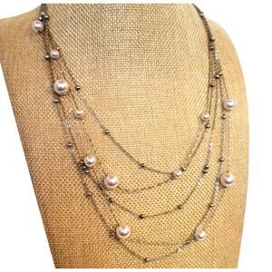 Multi Strand Silver Tone Necklace Faux Pearl Bead 20” Layered Statement Gift Bag